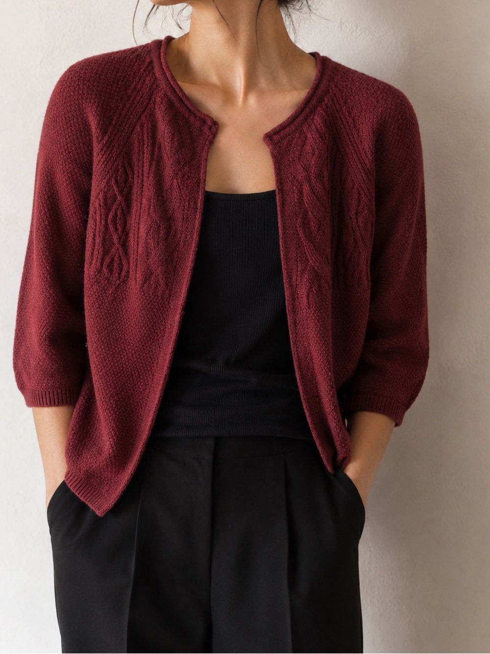 Open-Front Cable Knit Cardigan in Burgundy